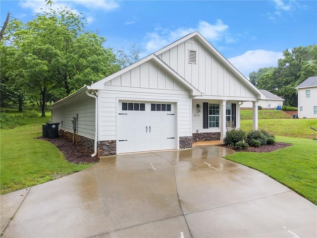 1672 Meadow Lark Ln, Gainesville, GA 30501 - view of front of house with board and batten siding, a garage, concrete driveway, a front yard, and stone siding
