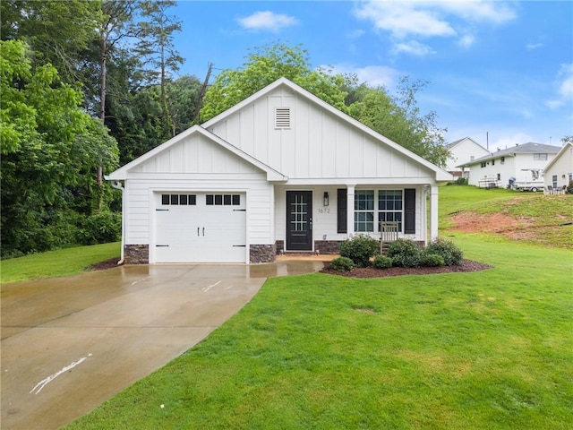 1672 Meadow Lark Ln, Gainesville, GA 30501 - view of front of property featuring board and batten siding, a porch, an attached garage, concrete driveway, and a front lawn