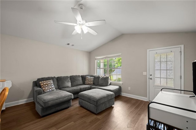 1672 Meadow Lark Ln, Gainesville, GA 30501 - living room featuring vaulted ceiling, ceiling fan, wood finished floors, and baseboards