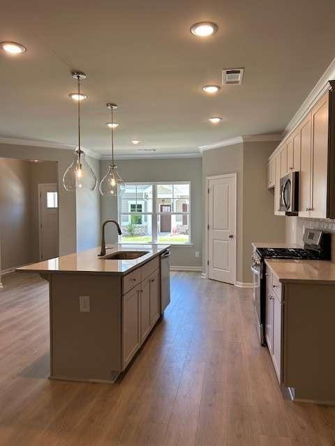 kitchen featuring stainless steel appliances, ornamental molding, a sink, baseboards, and light wood-type flooring