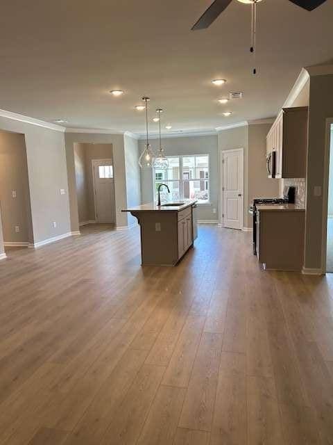 kitchen with a sink, ornamental molding, appliances with stainless steel finishes, an island with sink, and plenty of natural light