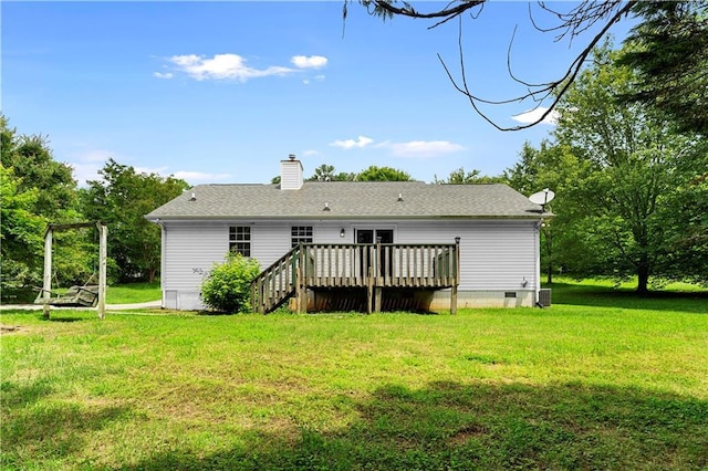 6752 Stringer Rd, Clermont, GA 30527 - back of house with crawl space, a deck, a yard, and a chimney