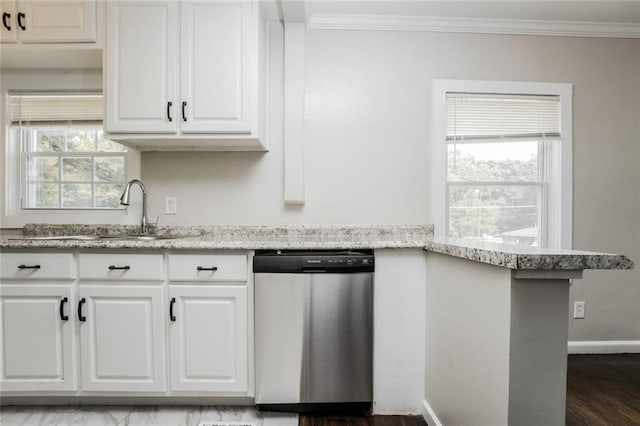 1381 Benteen Way SE, Atlanta, GA 30315 - kitchen featuring dishwasher, ornamental molding, a sink, white cabinets, and light stone counters