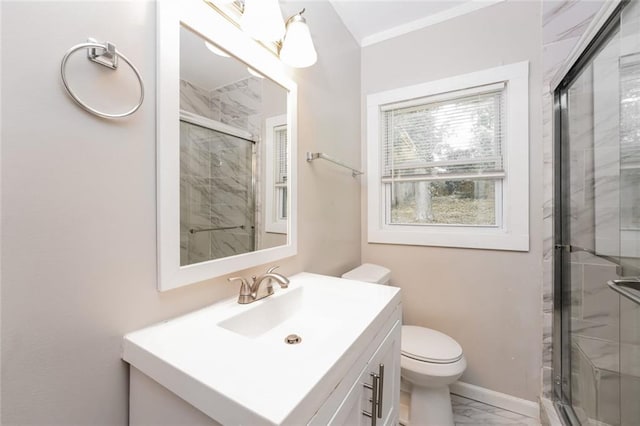 1381 Benteen Way SE, Atlanta, GA 30315 - full bath featuring marble look tile flooring, vanity, a shower stall, toilet, and crown molding
