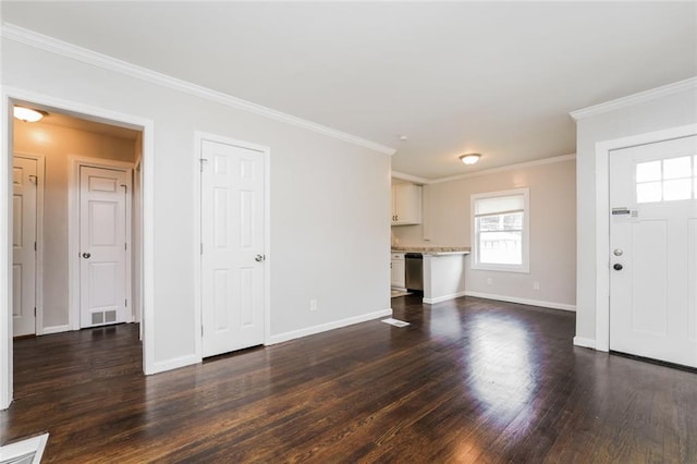 1381 Benteen Way SE, Atlanta, GA 30315 - unfurnished living room with dark wood-style floors, baseboards, and crown molding
