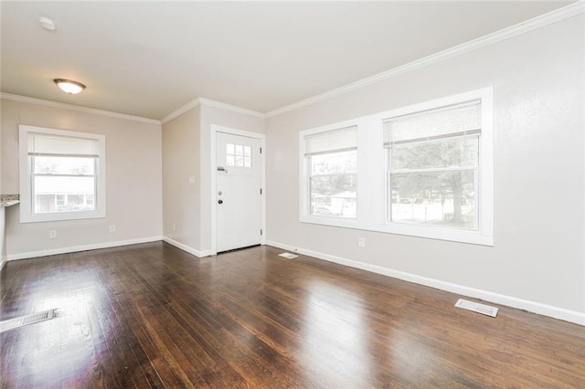 1381 Benteen Way SE, Atlanta, GA 30315 - unfurnished living room featuring dark wood-style flooring, crown molding, and baseboards