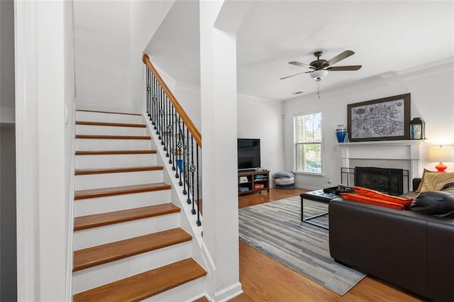 living room featuring crown molding, hardwood / wood-style flooring, and ceiling fan