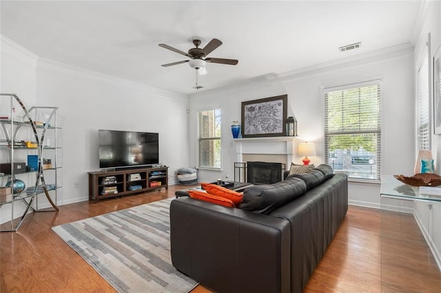 living room featuring light hardwood / wood-style floors, a healthy amount of sunlight, and crown molding