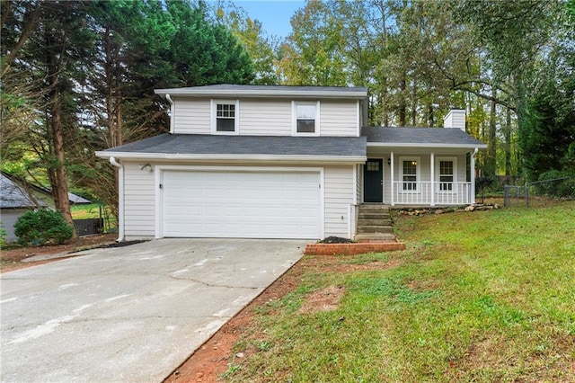 view of front facade with a front lawn, a garage, and covered porch