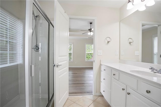 4130 Stonecypher Rd, Suwanee, GA 30024 - bathroom with vanity, a stall shower, a ceiling fan, and tile patterned floors