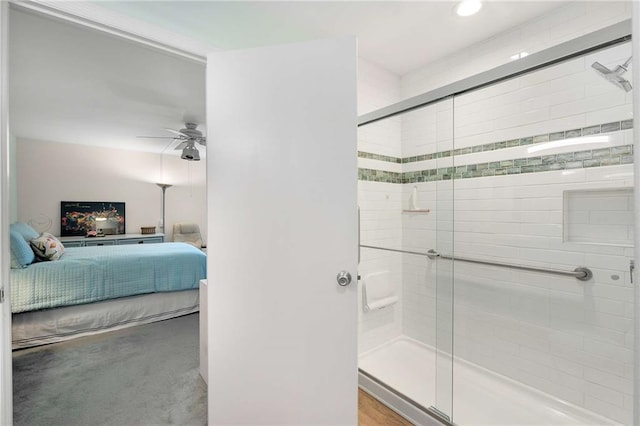 5180 Chemin De Vie, Atlanta, GA 30342 - full bathroom featuring ensuite bath, a shower stall, ceiling fan, and recessed lighting