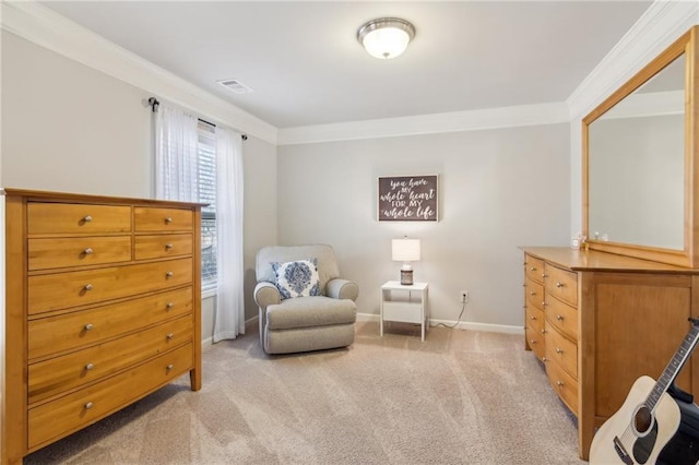 living area featuring ornamental molding and light carpet