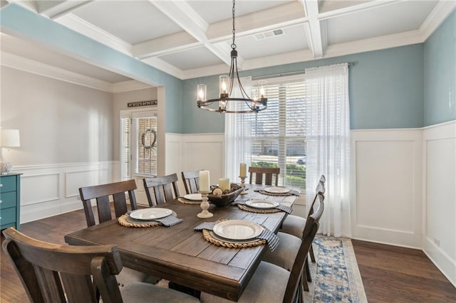 dining room featuring dark hardwood / wood-style flooring, beam ceiling, coffered ceiling, and a chandelier