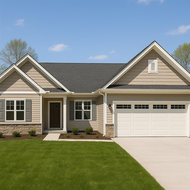573 Coach Bobby Dodd Rd, Dallas, GA 30132 - craftsman-style home with stone siding, a garage, a front yard, and concrete driveway