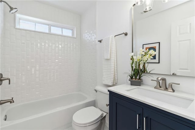 full bath featuring toilet, shower / bathtub combination, vanity, and visible vents