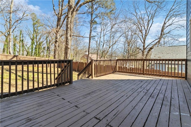 wooden deck with a fenced backyard