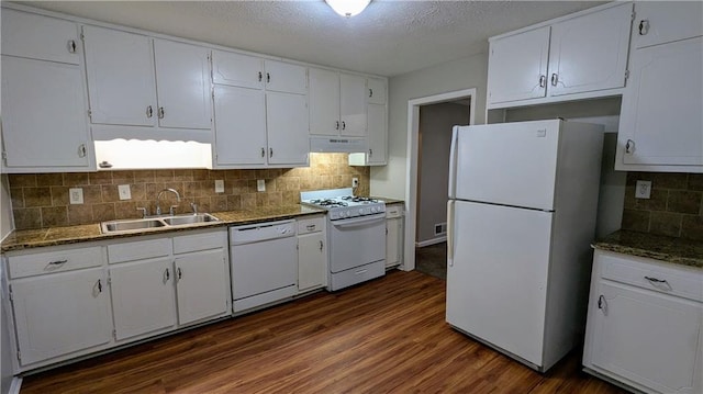 3900 Ferncliff Rd, Snellville, GA 30039 - kitchen with white appliances, white cabinets, under cabinet range hood, dark wood-style flooring, and a textured ceiling