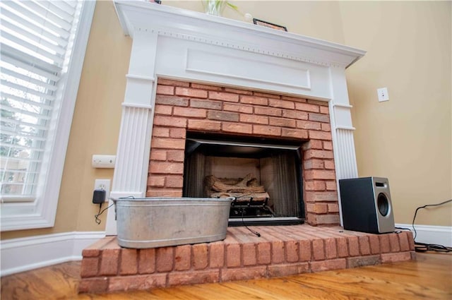 room details featuring a fireplace, baseboards, and wood finished floors