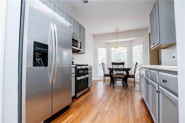 kitchen featuring visible vents, light wood finished floors, gray cabinets, stainless steel appliances, and light countertops