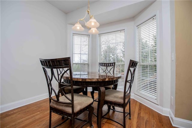 dining room featuring plenty of natural light, wood finished floors, and baseboards