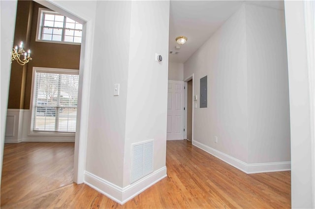 hall with light wood finished floors, visible vents, baseboards, and electric panel