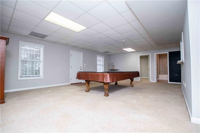 game room featuring a drop ceiling, pool table, baseboards, and carpet