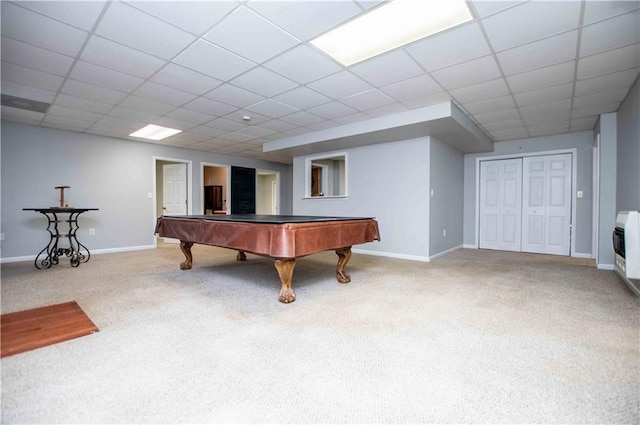 game room featuring carpet flooring, billiards, baseboards, and a drop ceiling