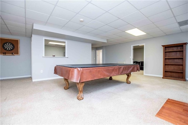 rec room with billiards, a paneled ceiling, baseboards, and carpet floors