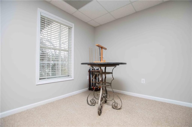 miscellaneous room with baseboards, a paneled ceiling, and carpet floors