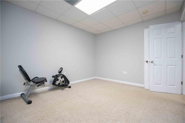 workout room featuring baseboards, a paneled ceiling, and carpet