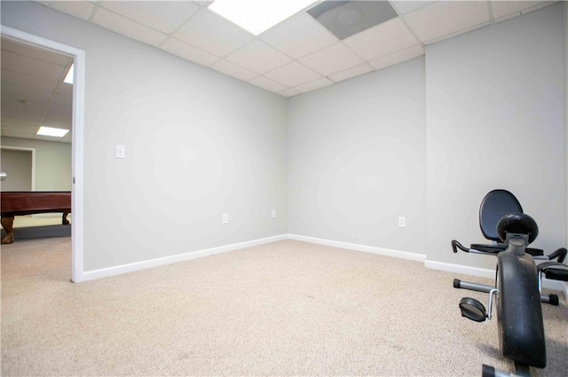 exercise area featuring a paneled ceiling, baseboards, and carpet floors