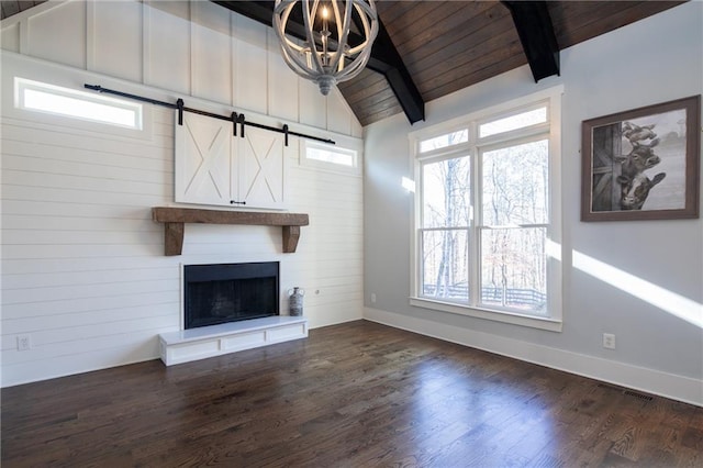 unfurnished living room featuring dark wood finished floors, vaulted ceiling with beams, visible vents, wooden ceiling, and baseboards