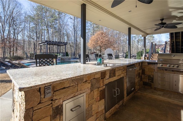 view of patio featuring a ceiling fan, a pool, a sink, and area for grilling