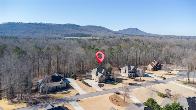 drone / aerial view featuring a forest view and a mountain view