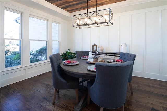 dining space featuring wooden ceiling, a decorative wall, visible vents, dark wood-style floors, and an inviting chandelier