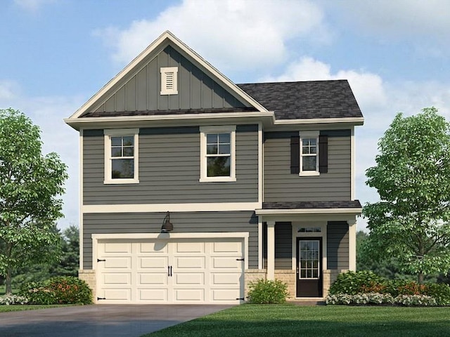 craftsman inspired home featuring driveway, a shingled roof, board and batten siding, and an attached garage