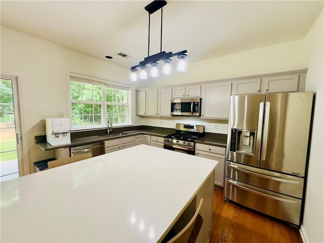 365 Friars Head Dr, Suwanee, GA 30024 - kitchen with stainless steel appliances, a sink, dark wood-type flooring, hanging light fixtures, and dark countertops