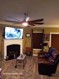 living room featuring hardwood / wood-style flooring, ceiling fan, and crown molding