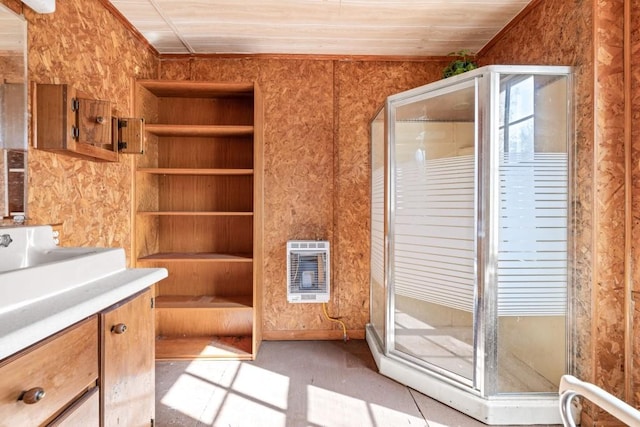 bathroom with vanity, an enclosed shower, wooden ceiling, and heating unit