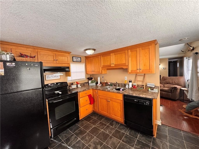 kitchen featuring sink, a textured ceiling, and black appliances