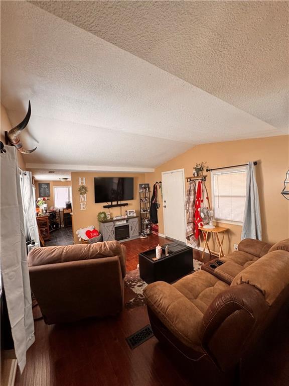 living room with wood-type flooring, vaulted ceiling, and a textured ceiling