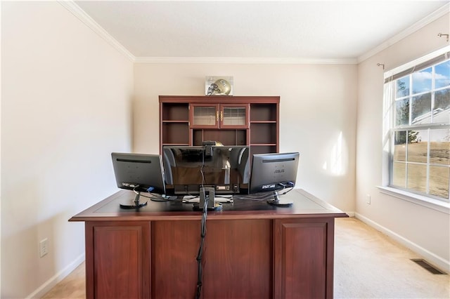 carpeted home office with crown molding