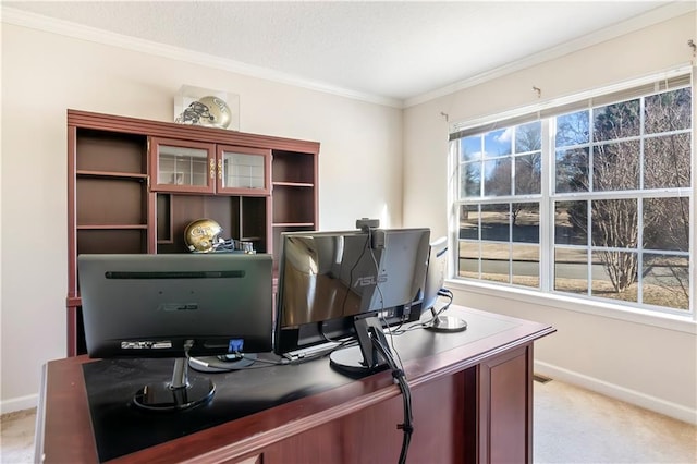 carpeted office featuring crown molding