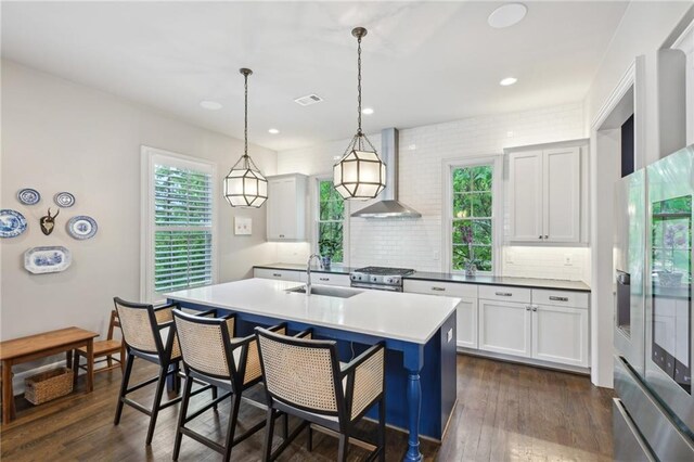 kitchen with appliances with stainless steel finishes, a sink, wall chimney exhaust hood, backsplash, and dark wood-style floors