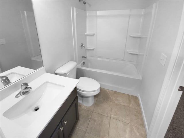 full bathroom featuring baseboards, toilet, tile patterned floors, vanity, and shower / washtub combination
