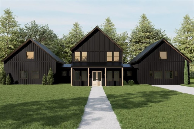 modern farmhouse style home with board and batten siding and a front yard