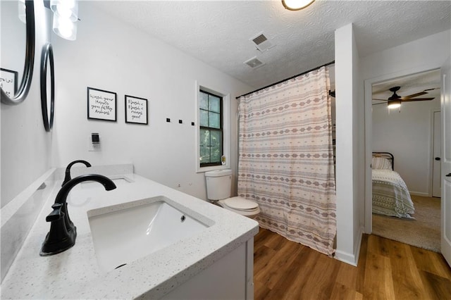 bathroom with toilet, vanity, wood-type flooring, and a textured ceiling