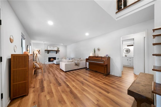 living room featuring a large fireplace and light wood-type flooring