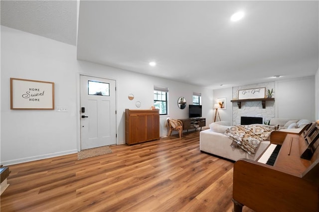 living room with hardwood / wood-style floors and a stone fireplace