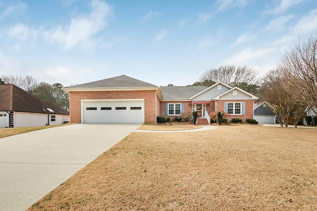 ranch-style home featuring a garage, a front lawn, concrete driveway, and brick siding